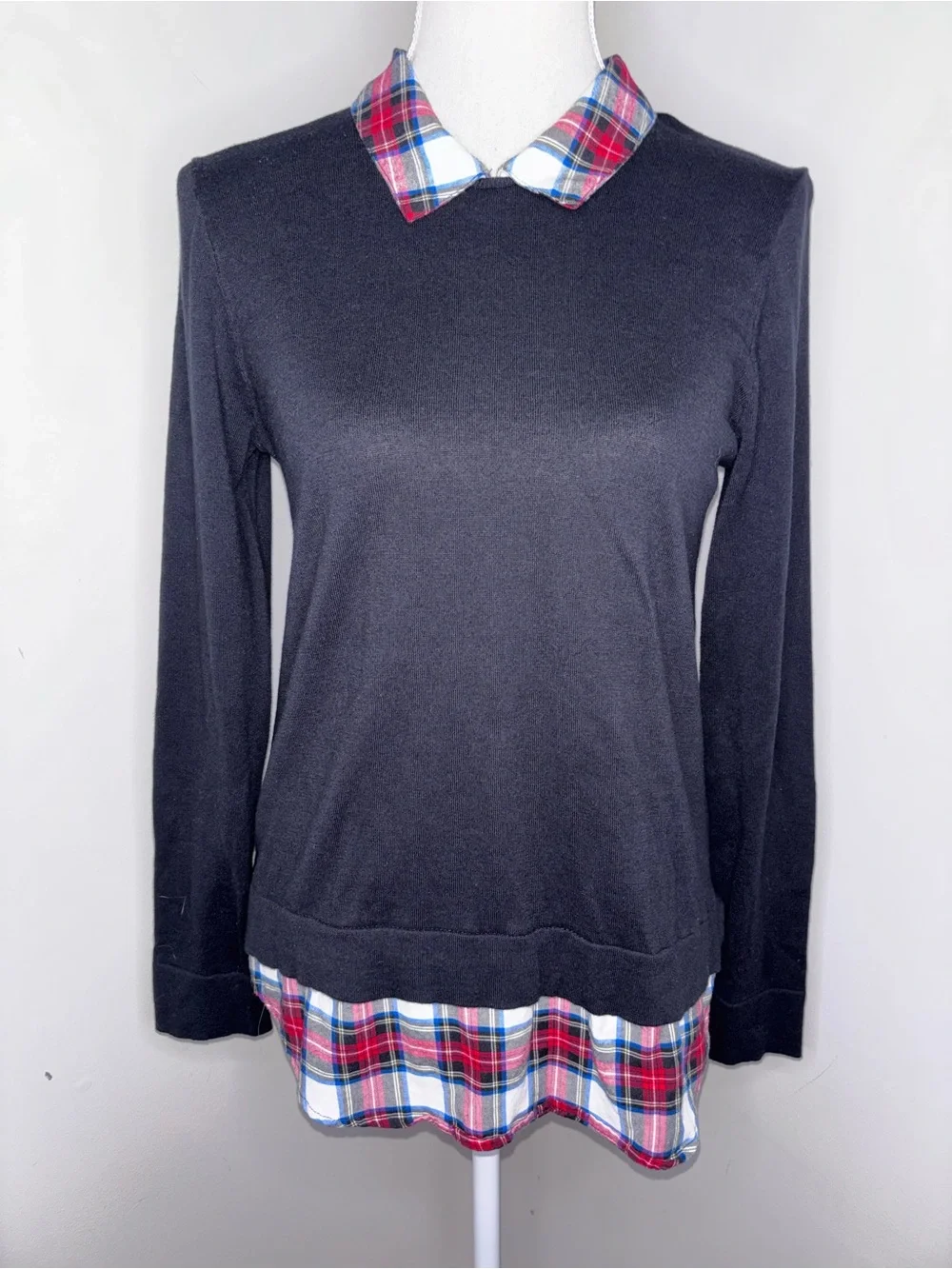 J. Crew plaid collar faux layered black sweater long sleeve size Small